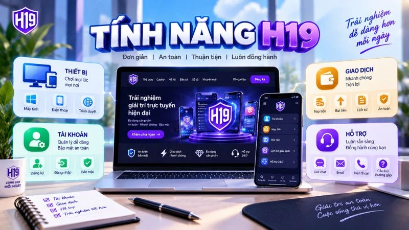 Các nhóm chức năng tài khoản, giao dịch và truy cập H19 trên thiết bị